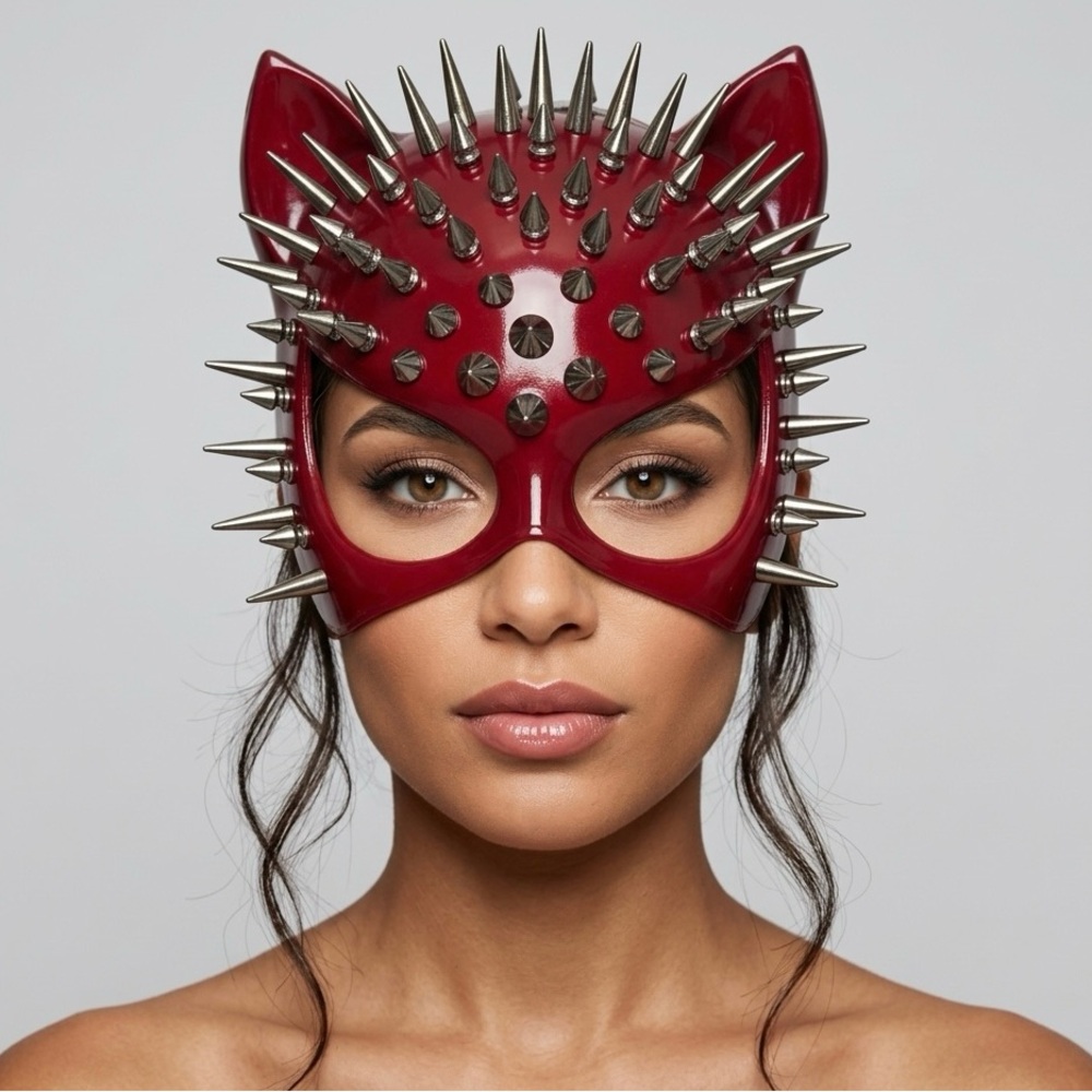 Gothic Spike Catwoman Mask - Dark Red Patent Leather & Spiked Cat Ears